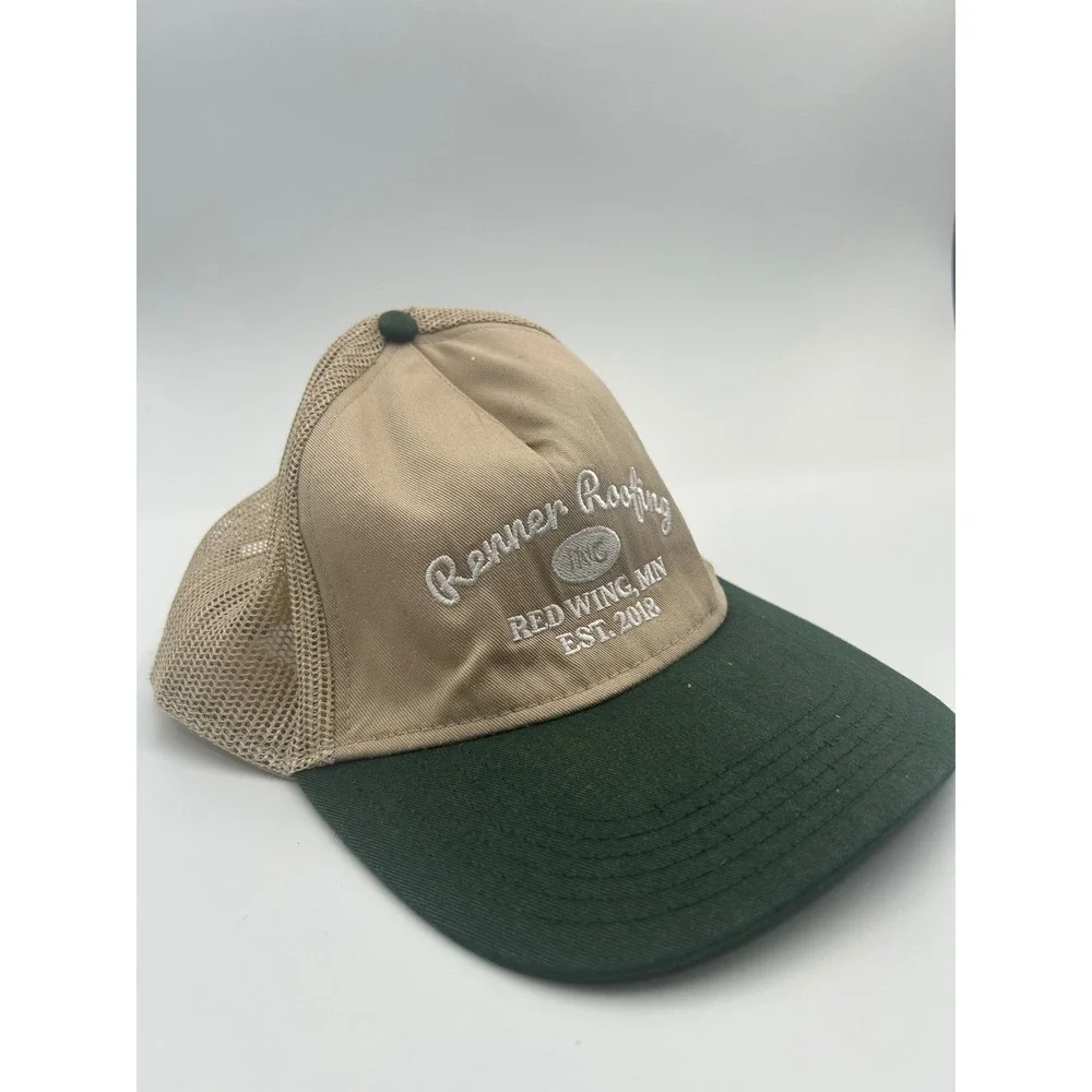 Otto Renner Roofing Red Wing MN Trucker Hat Tan Green Snapback Mesh Cap B921